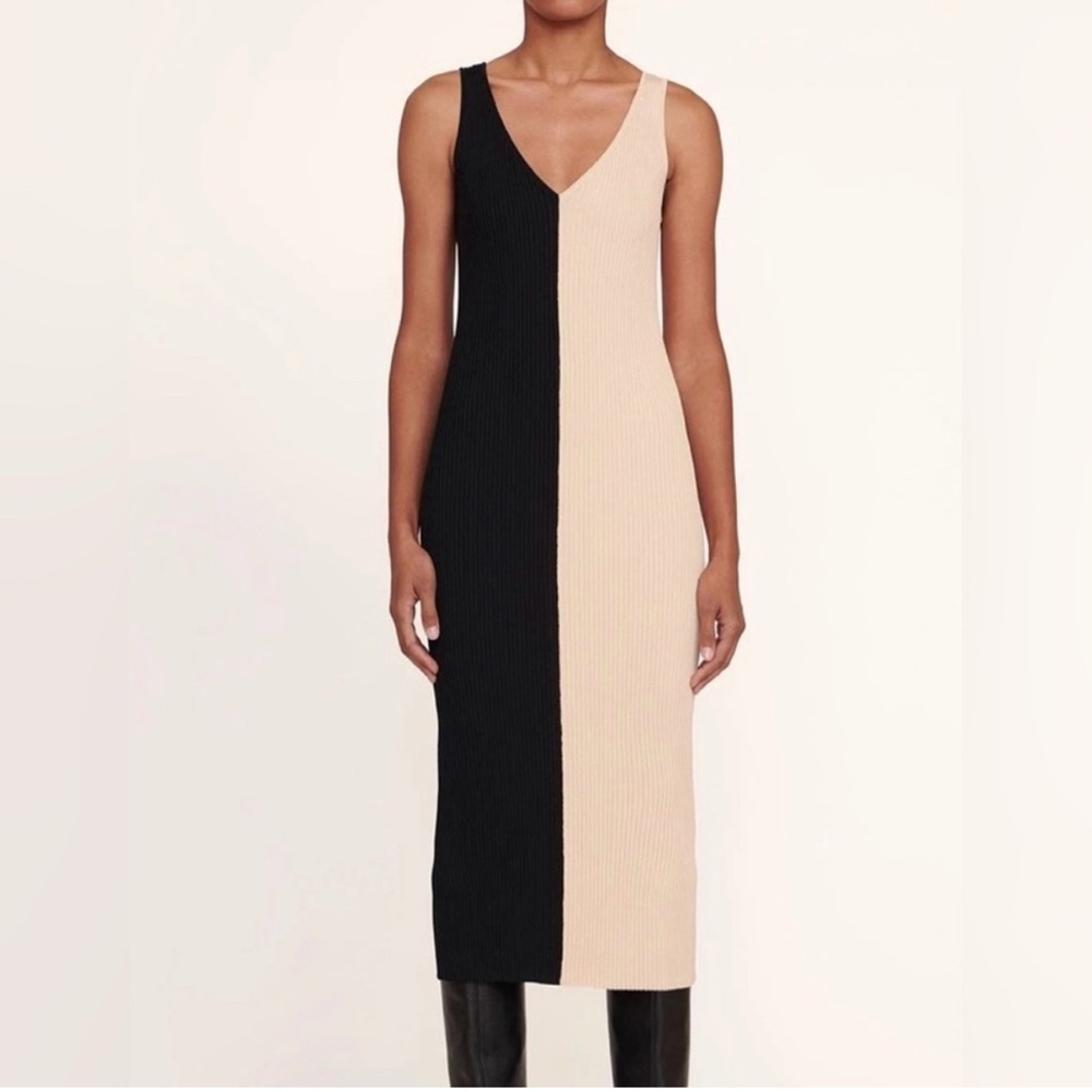 STAUD Black and Cream Midi Dress